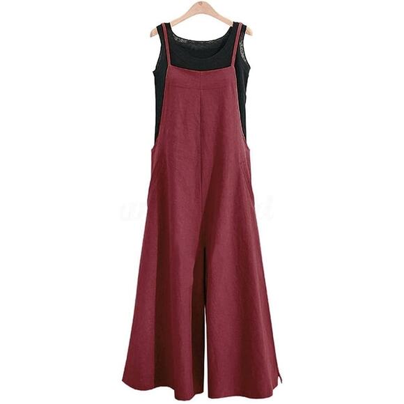 YESNO Women Casual Loose Long Bib Pants Wide Leg Jumpsuit Wine Size 3XL - Picture 2 of 6